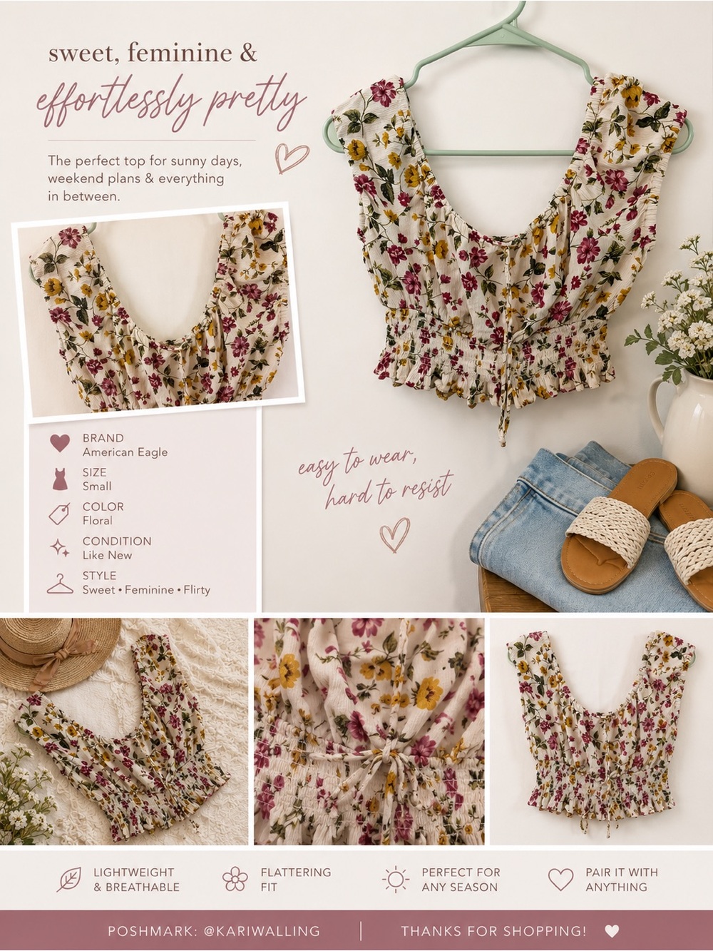 American Eagle Floral Smocked Crop Top Size Small